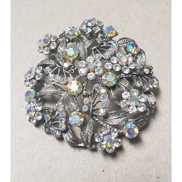 Vintage 1950's Flower Filigree AB Crystal Rhinestone Silver Tone 2" Brooch - Picture 6 of 14
